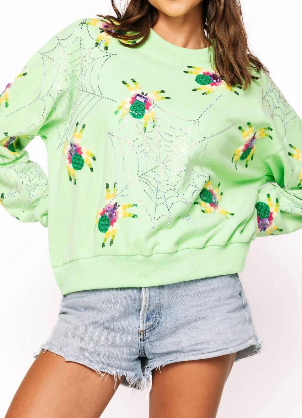 NEW QUEEN OF SPARKLES fuzzy spider and web sweatshirt in green